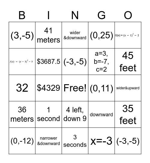 Quadratics Bingo Card