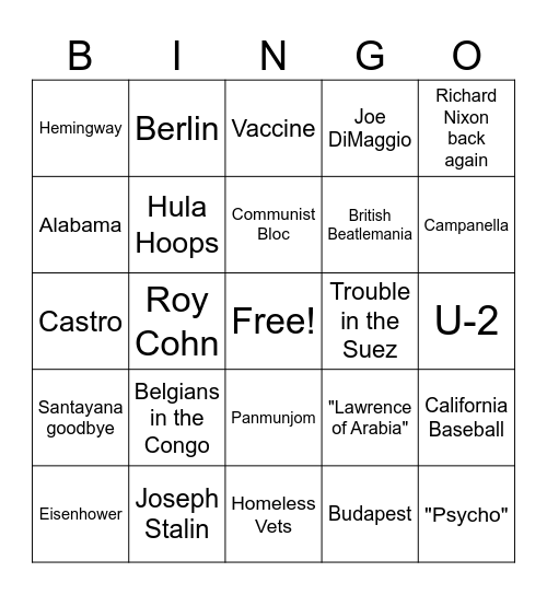We Didn't Start the Fire by Billy Joel Bingo Card