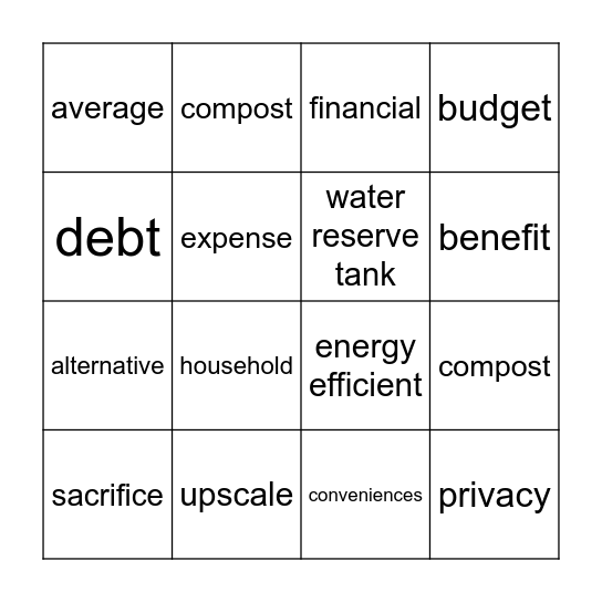 Tiny Home Bingo Card
