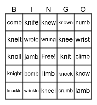 Lesson 98: Silent Letters Bingo Card