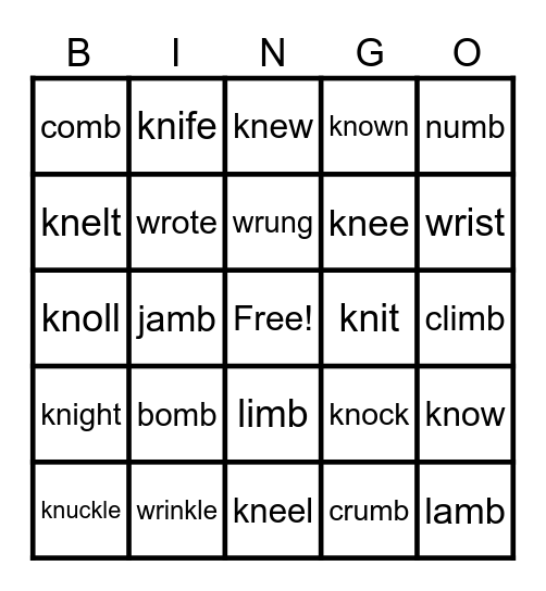 Lesson 98: Silent Letters Bingo Card