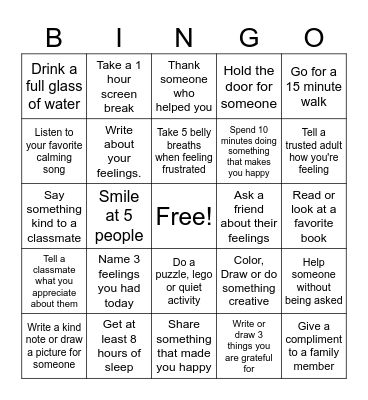 Valley Manor Mental Health Week Bingo Card