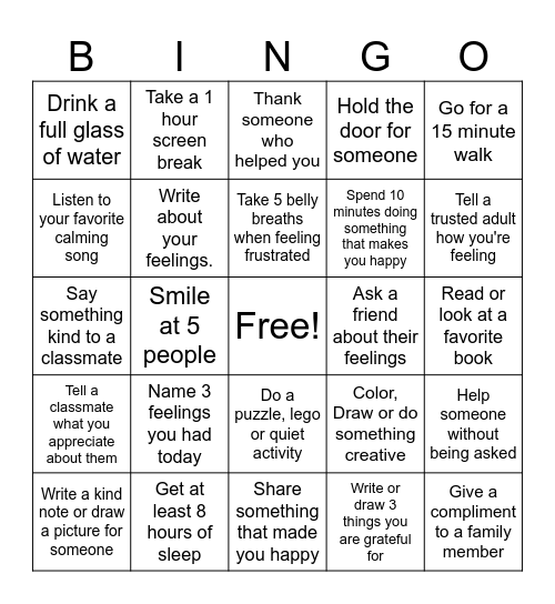 Valley Manor Mental Health Week Bingo Card