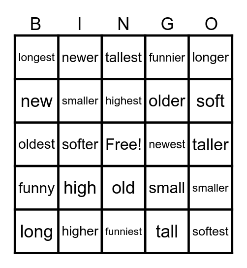 Lesson 100: -er/-est Bingo Card