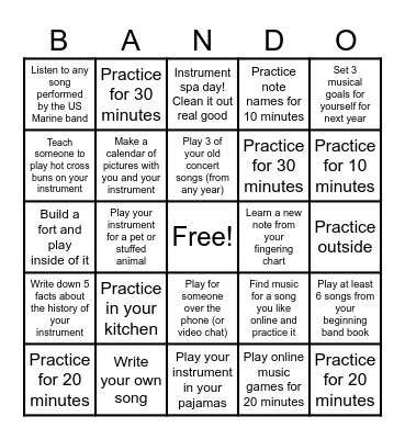 Summer Band Bingo Card