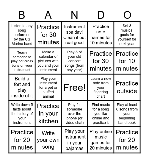 Summer Band Bingo Card