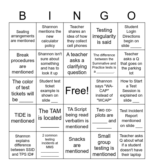 3rd Annual SBA Bingo Card