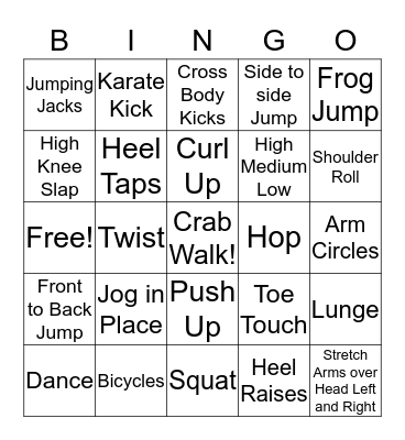 Primary Physical Activity Bingo Card
