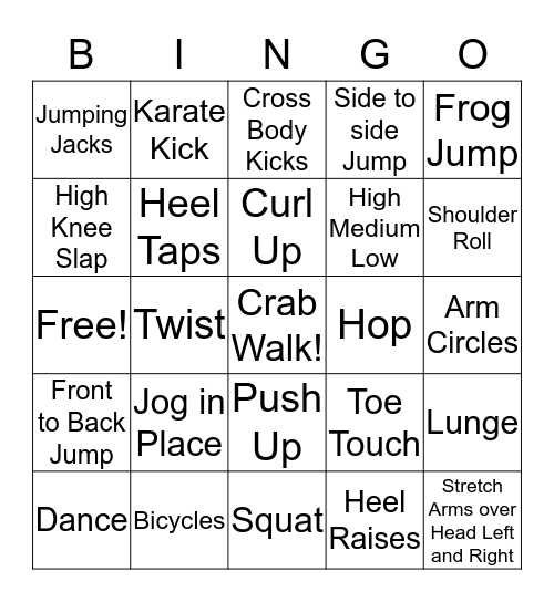 Primary Physical Activity Bingo Card