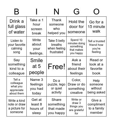 Valley Manor Mental Health Week Bingo Card
