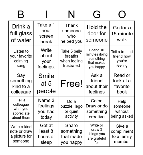 Valley Manor Mental Health Week - Adults Bingo Card