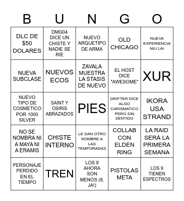 DESTINY 2 LOS CONFINES DEL DESTINO Bingo Card