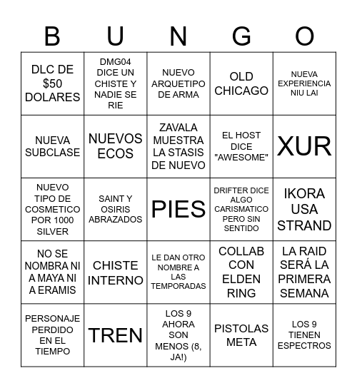 DESTINY 2 LOS CONFINES DEL DESTINO Bingo Card
