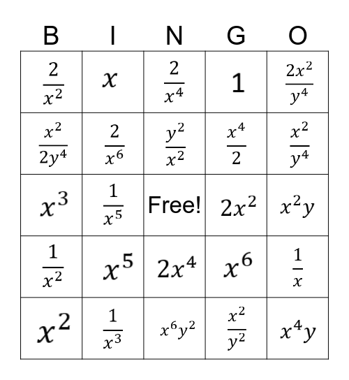 Exponents Bingo Card