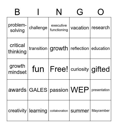 GALES Appreciation Day Bingo Card
