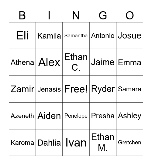 Names Bingo Card