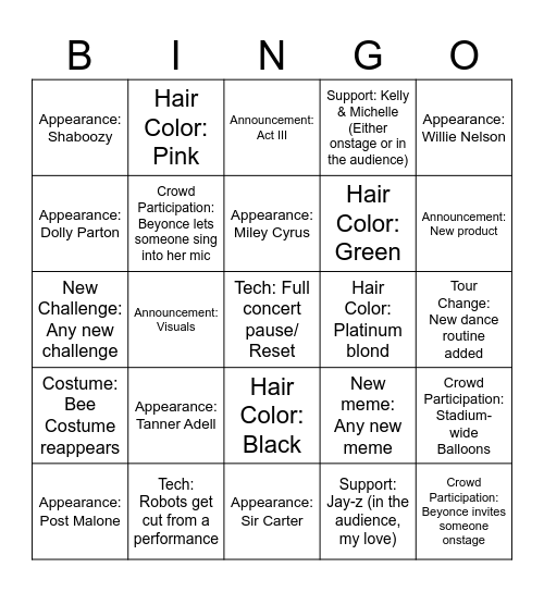 Cowboy Carter Tour Bingo! Bingo Card