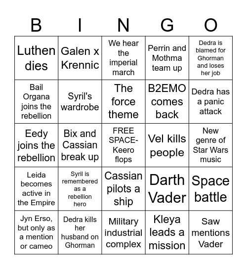 Andor Season 2 Arc 3 Bingo Card