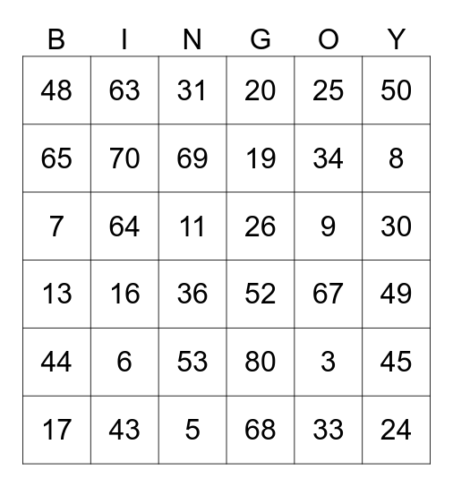Number Bingo 1-80 Bingo Card
