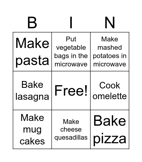 Cooking Bingo Card