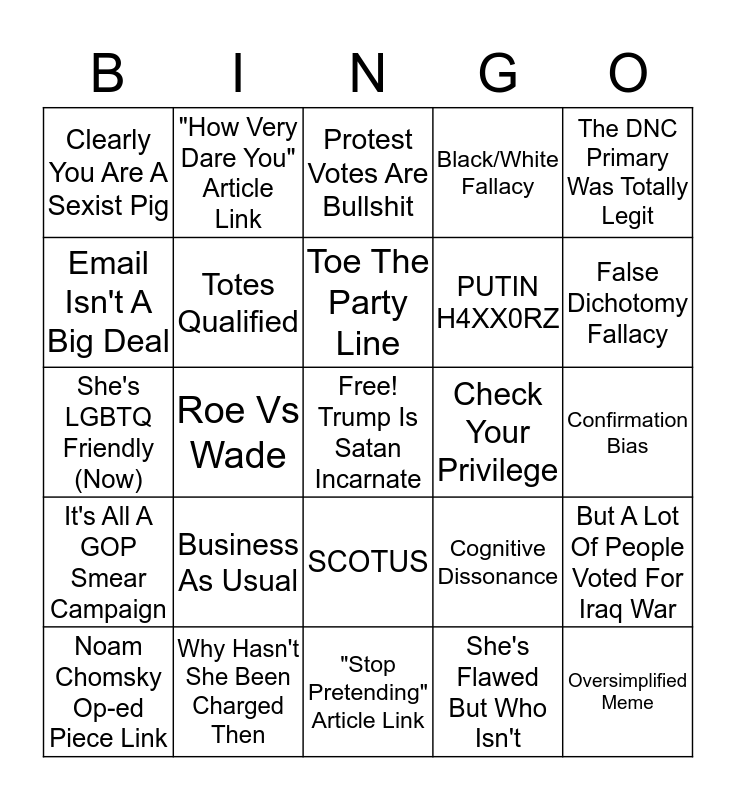 Clinton Apologist Bingo Card