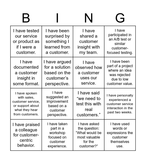 CUSTOMER CENTRIC Bingo Card