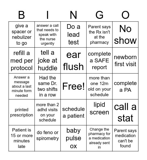 Nurse/CMA Bingo Card