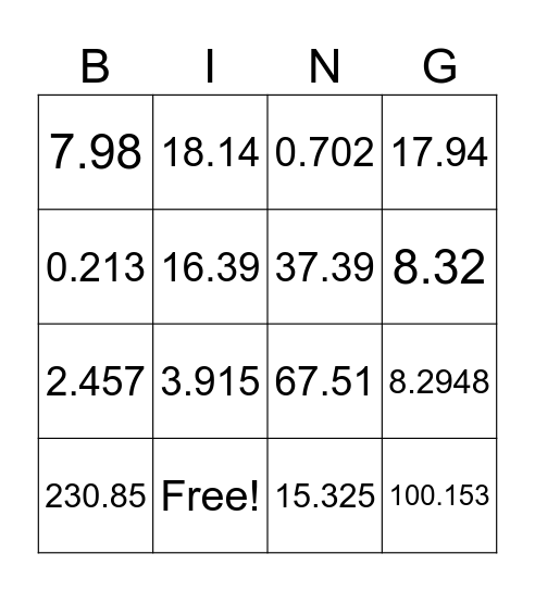 Math Operations Bingo Card