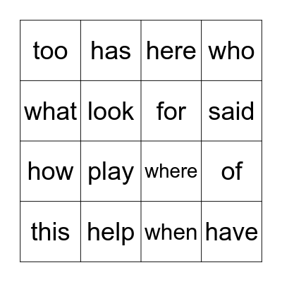 Sight Words Bingo Card