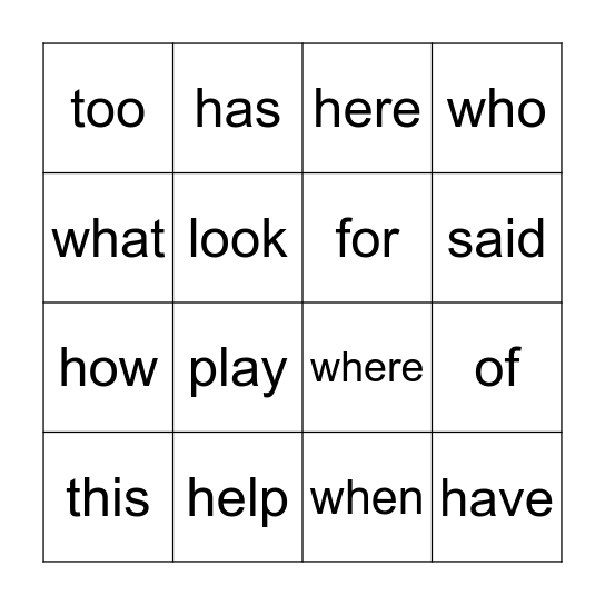 Sight Words Bingo Card