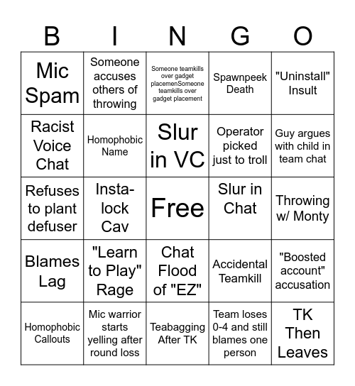 R6 Bingo Card