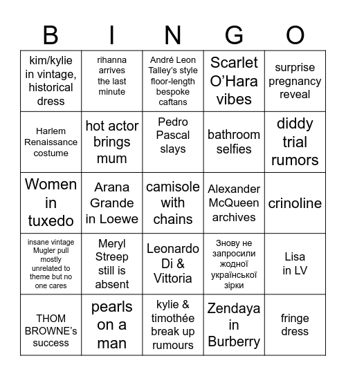 met gala 2025 Bingo Card