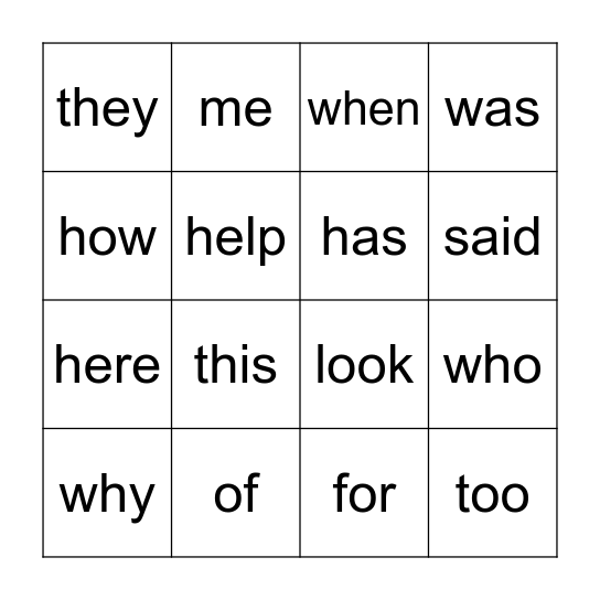 Sight Words Bingo Card