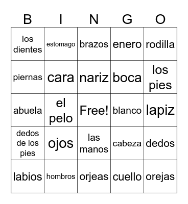 Los partes del cuerpo Bingo Card