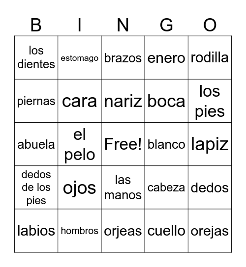 Los partes del cuerpo Bingo Card