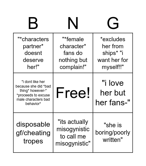 Fandom misogyny Bingo Card