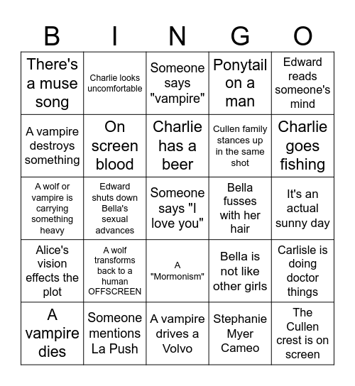 Twilight Saga Bingo Card