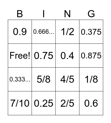 Fraction/Decimal BINGO Card