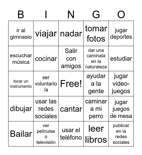 Favorite Pastime Bingo Card