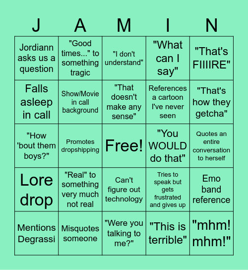 Jasmine Bingo Card