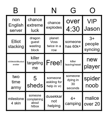 forsaken Bingo Card