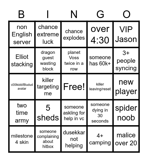 forsaken Bingo Card