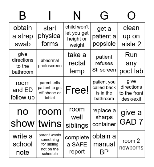 CNA Bingo Card