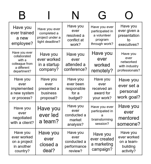 Business Experience Bingo Card