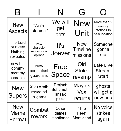 Edge of Fate Live Stream Event Card Bingo Card