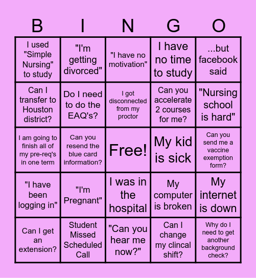 Program Mentor Call Bingo! Bingo Card