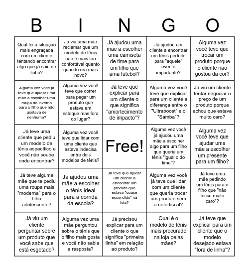 Bingo das Mães da Equipe Adidas Bingo Card