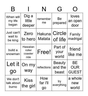Disney songs Bingo Card