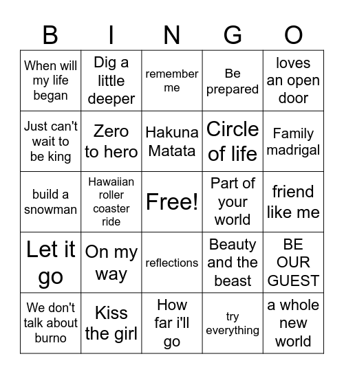 Disney songs Bingo Card