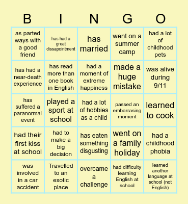 Past experiences Bingo Card